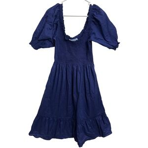 Hill House Home Nap Dress Navy Blue Smocked Puff Sleeve Midi Dress M Cottagecore